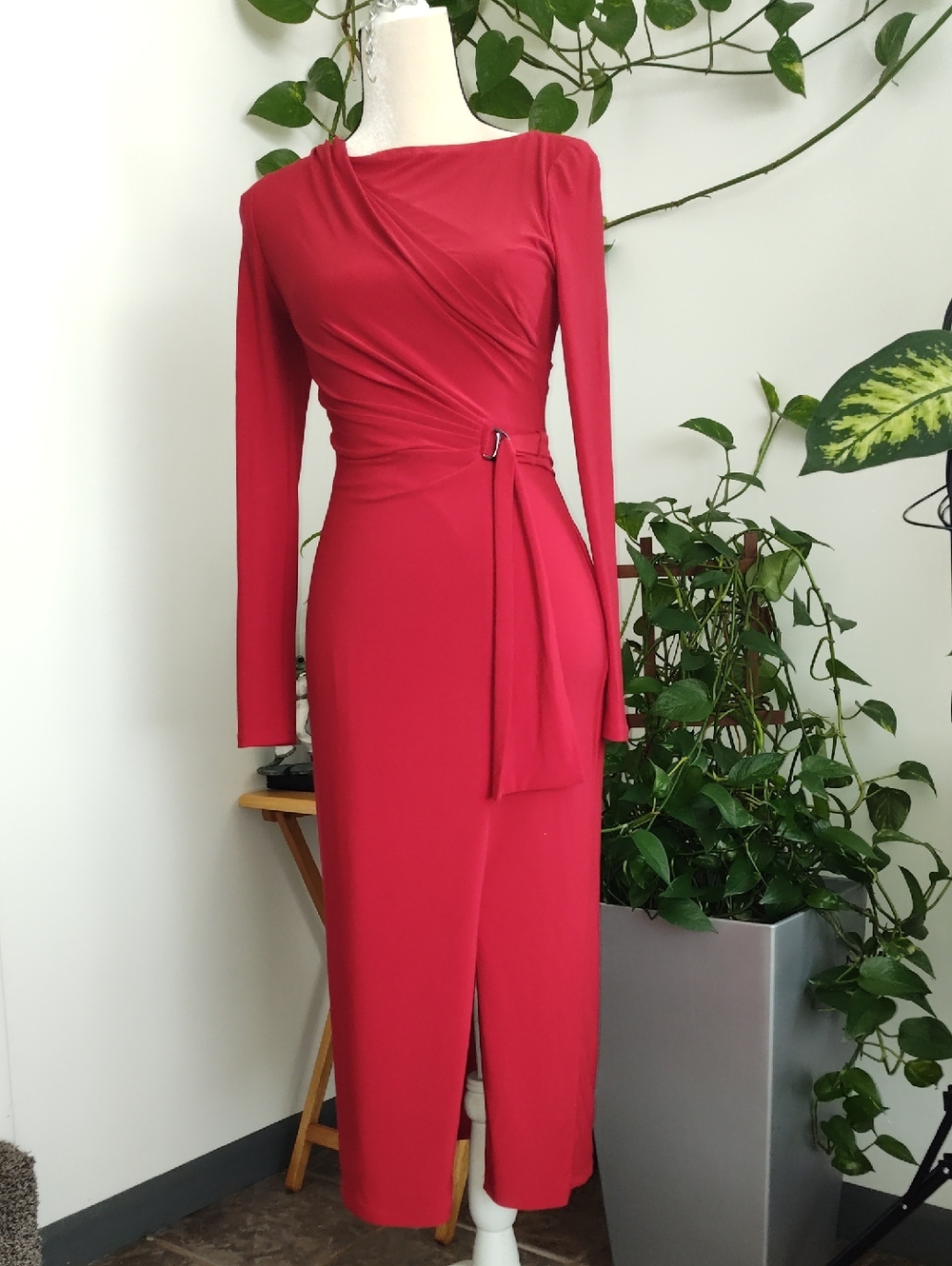 Ralph Lauren Crimson Long-Sleeve Wrap-Style Midi Dress